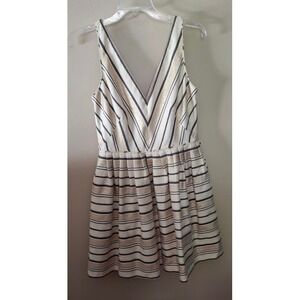 J.Crew Metallic Gold Striped V-Neck Fit and Flare Dress 43721 Ivory Black 6